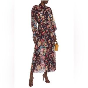 ZIMMERMANN $1500 burgundy multi floral print long dress maxi shirted bow tie S 4